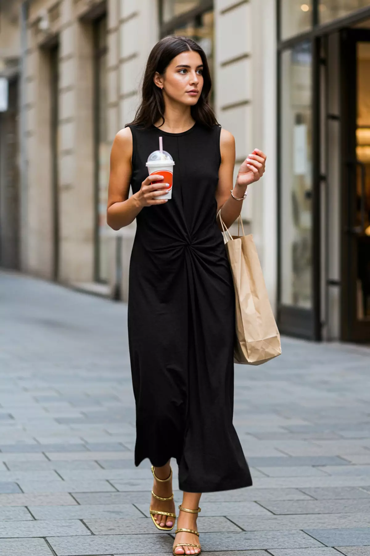 Black Plain Gather Drape Maxi More Sustainable Modal Twist Detail  Stretchy Knit Dress TWOSS25EL00385