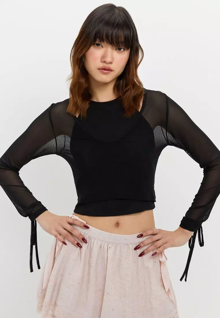 Layered Sheer Crop Top - Black