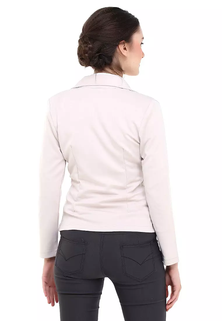 Qemsya Jas Blazer Wanita One Botton Slim Fit Formal Longsleeve Suit Material Scuba ORIGINAL - Cream