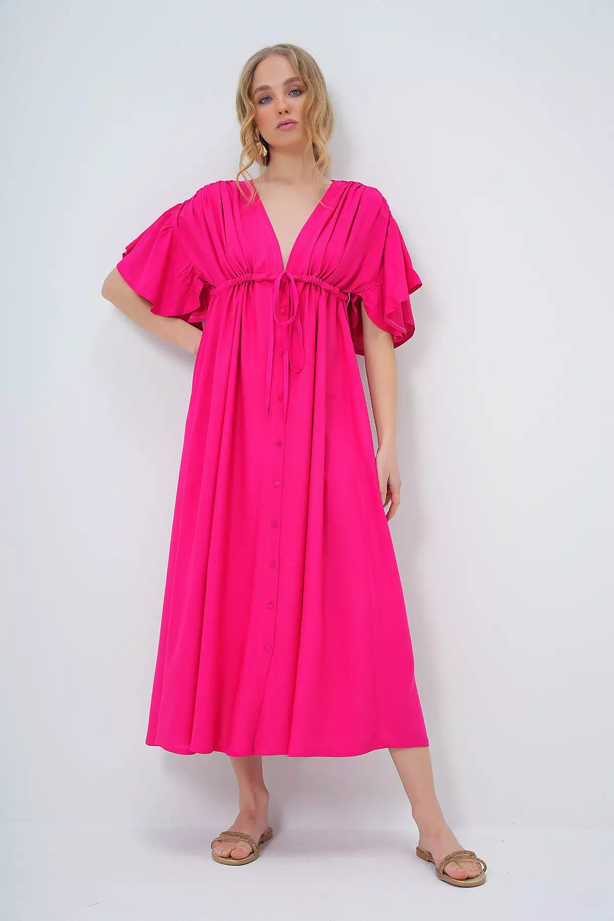 Women's Fuchsia V Neck Backless Tie Detail Front Buttoned Summer Poplin Dress