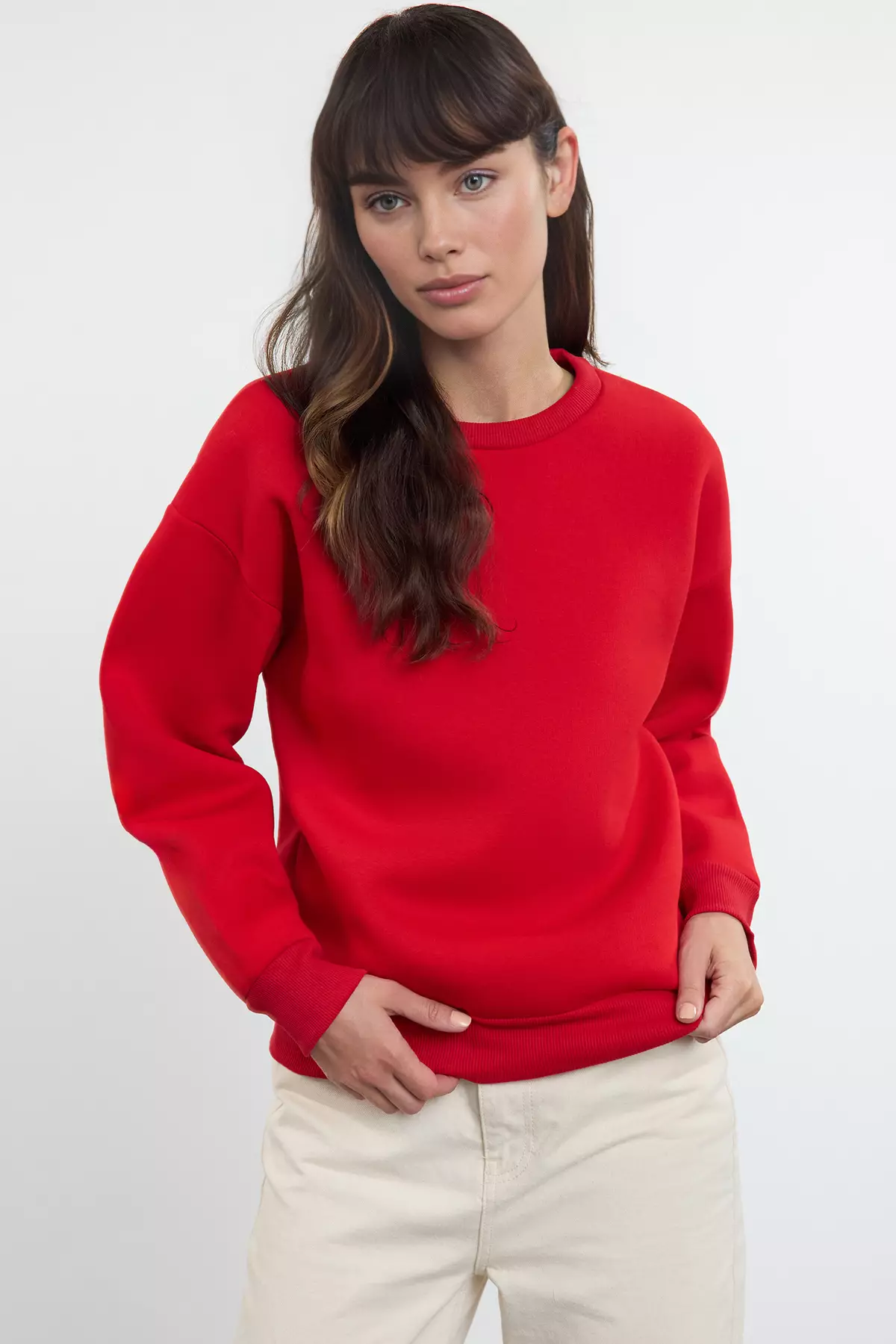 Red Thick Fleece Inside Regular/Normal Fit Crew Neck Basic Knitted Sweatshirt TWOAW24SW00101