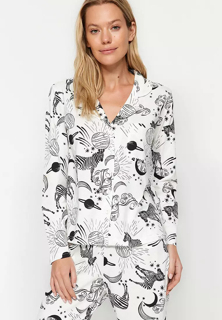 White 100% Cotton Patterned Shirt-Pants Knitted Pajama Set THMAW24PT00002