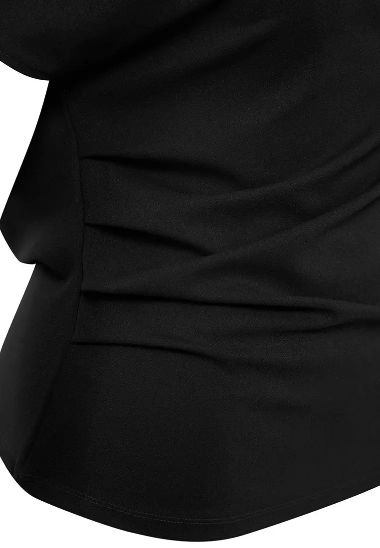 Black Crepe Knit Plus Size Blouse Tbbss25Af00119