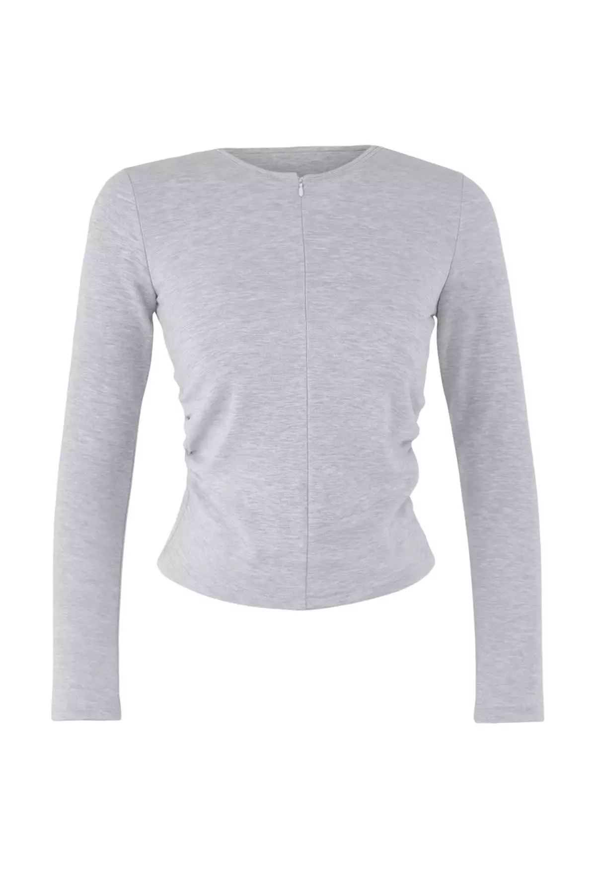 Gray Melange Fitted/Body-Smoothing Half Zippered Double Layered Knitted Blouse Twoaw26Bz00031