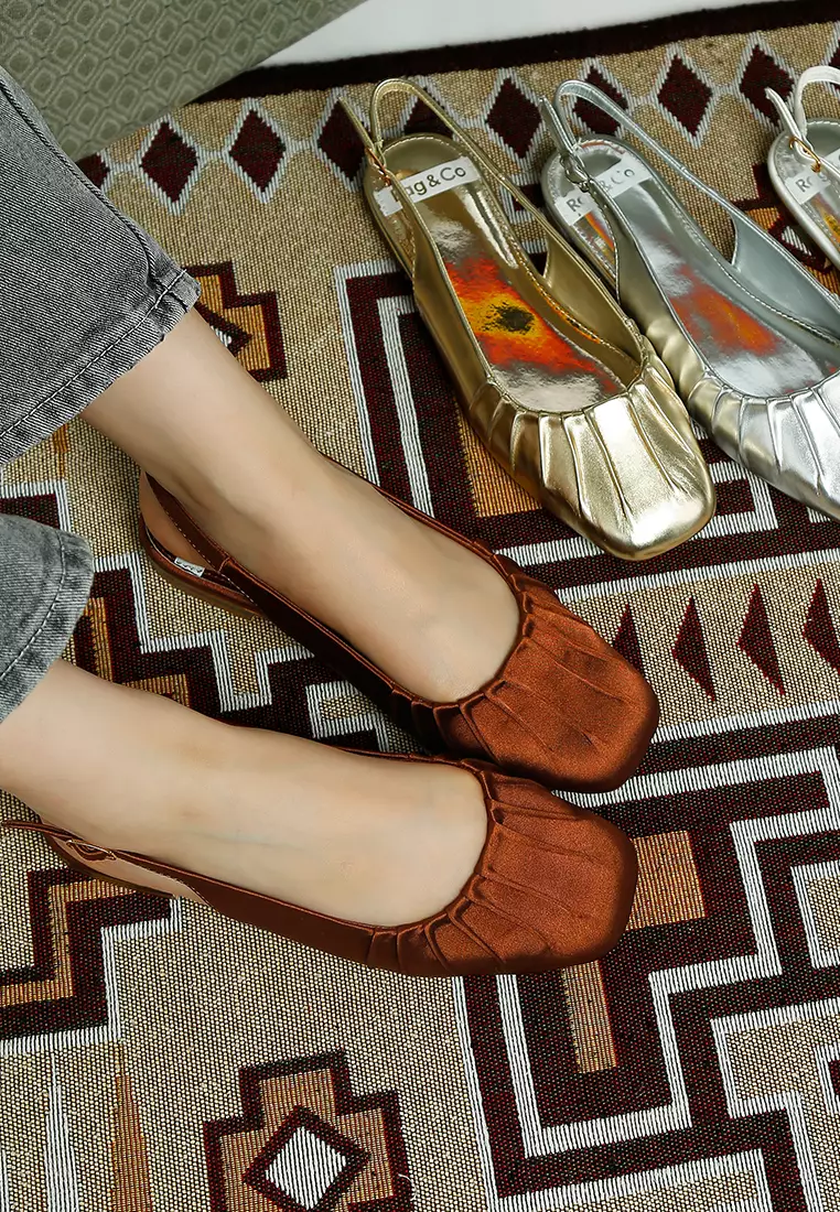 Satin Square Toe Flat Slingback in Brown