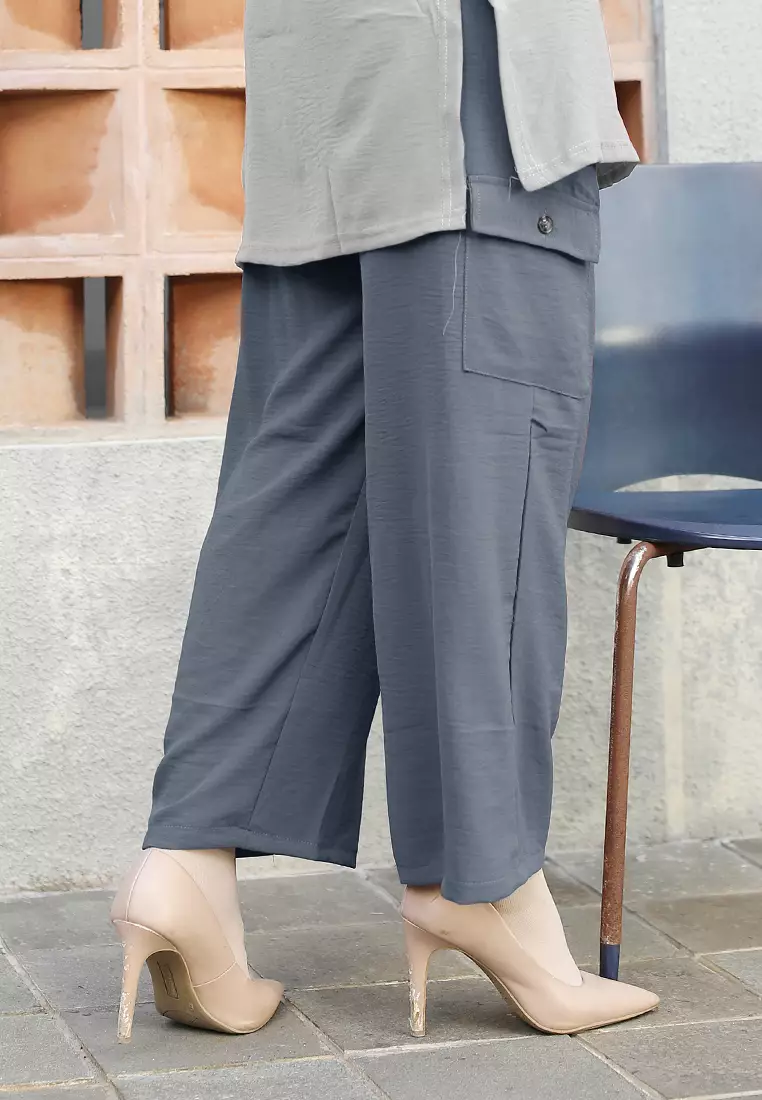 Cotton Bee - Tirana Pants | Celana Wide Legs Wanita | Kulot Basic Pocket - Smoke Grey