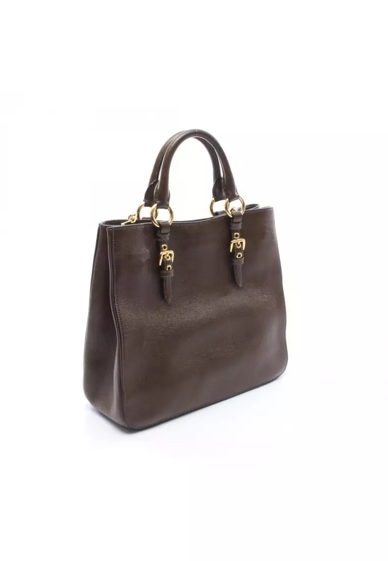 Pre-Loved MIU MIU MADRAS Madras 2WAY Handbag tote bag leather Dark brown