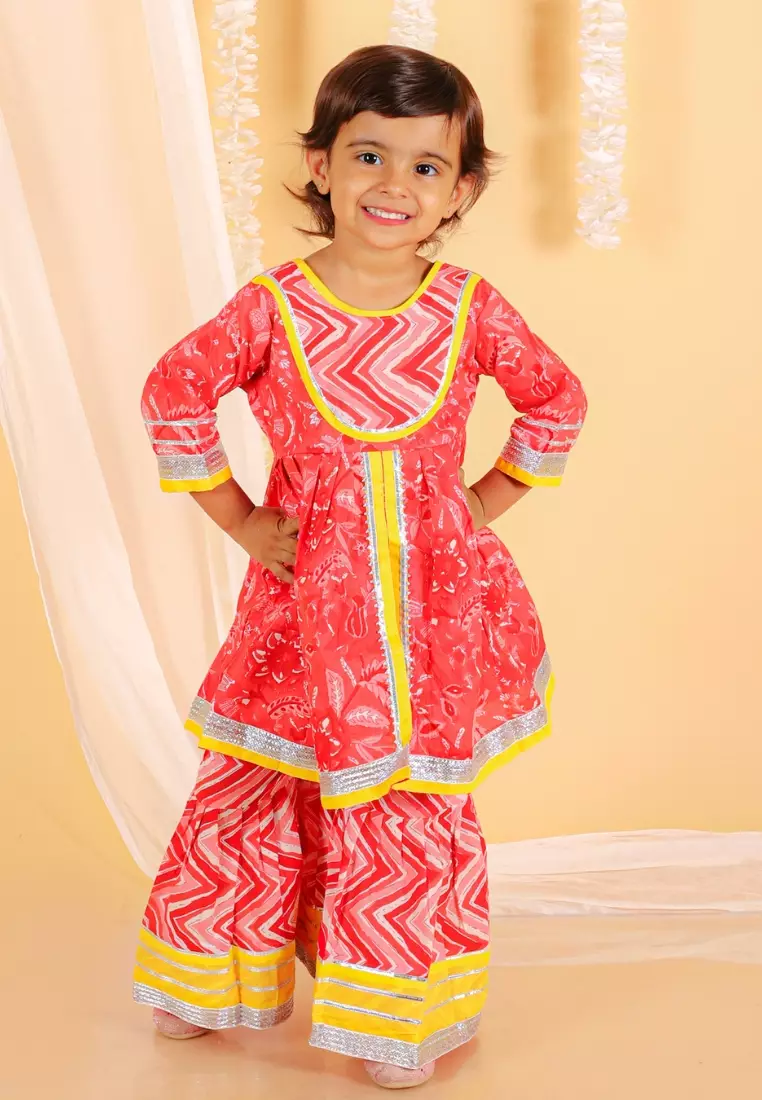 Deep Red Girls Anarkali Kurta Sharara Set