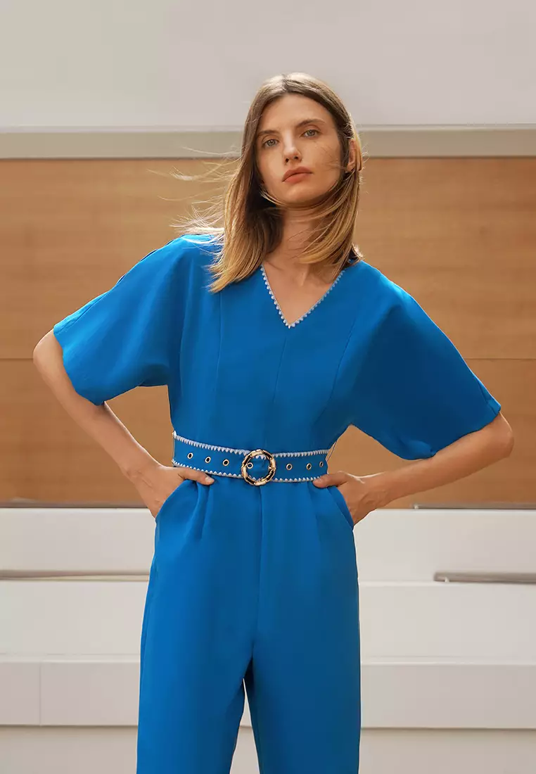 Waist Belt V Neck Jumpsuit