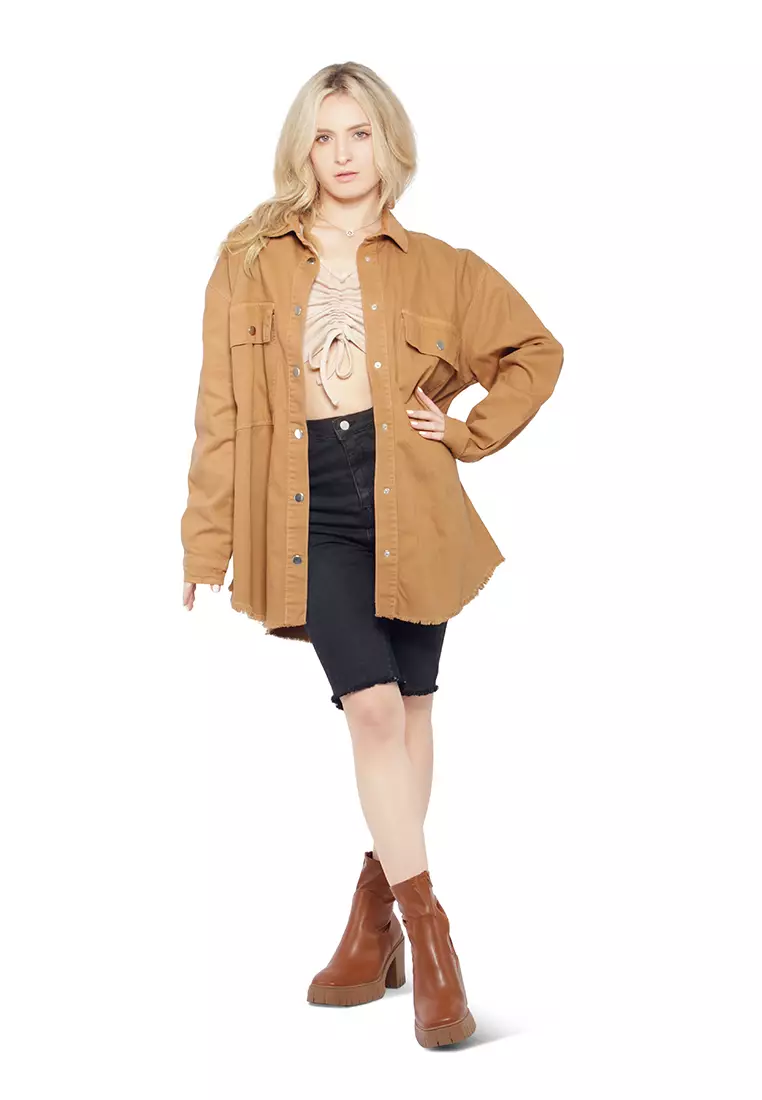 Brown Oversized Long Sleeve Shacket