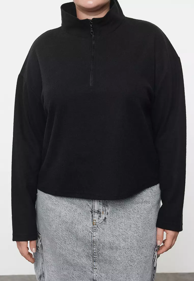 Black Stand Collar Zip Slim Knitted Sweatshirt
