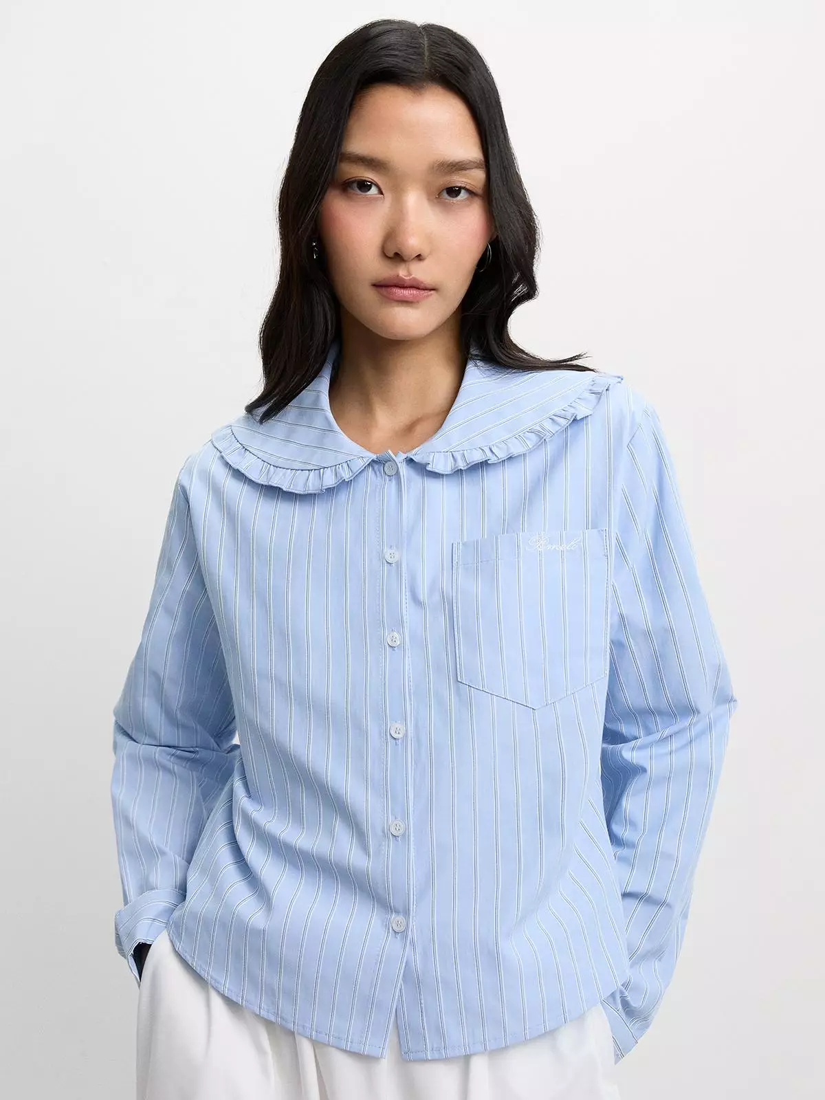 Peter Pan Collar Striped Shirt - Baby Blue