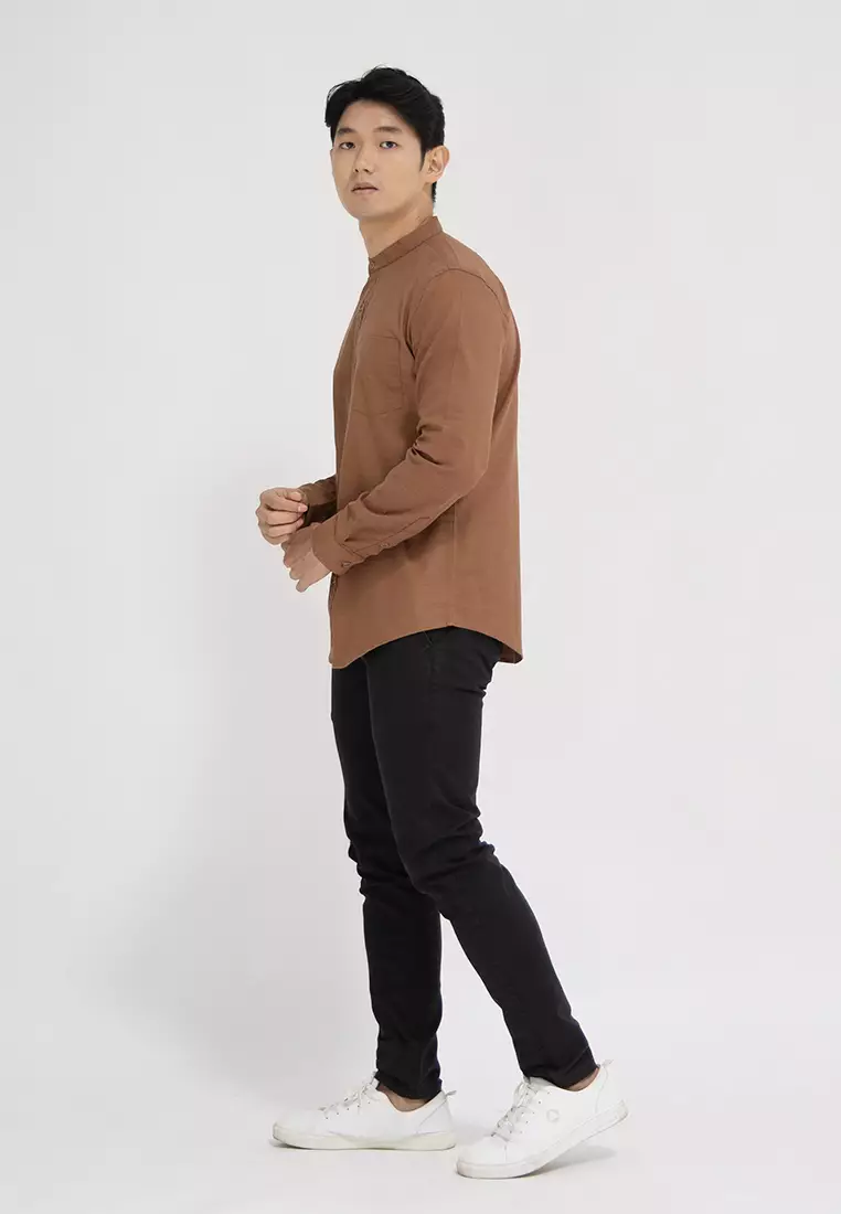 Kemeja collarless koko Slub coklat OXCON walnut brown