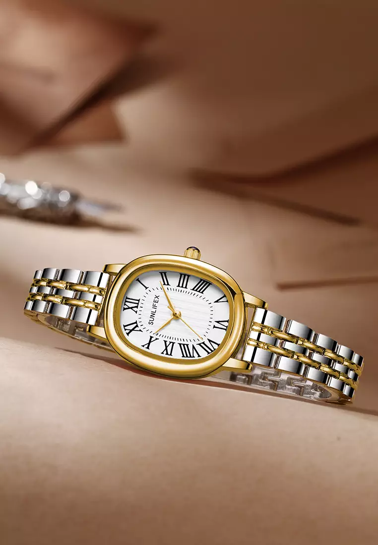 Jam Tangan Wanita Analog Original Korean Tali Rantai Oval Stanless Anti Air Jam Tangan Cewek goldwhite