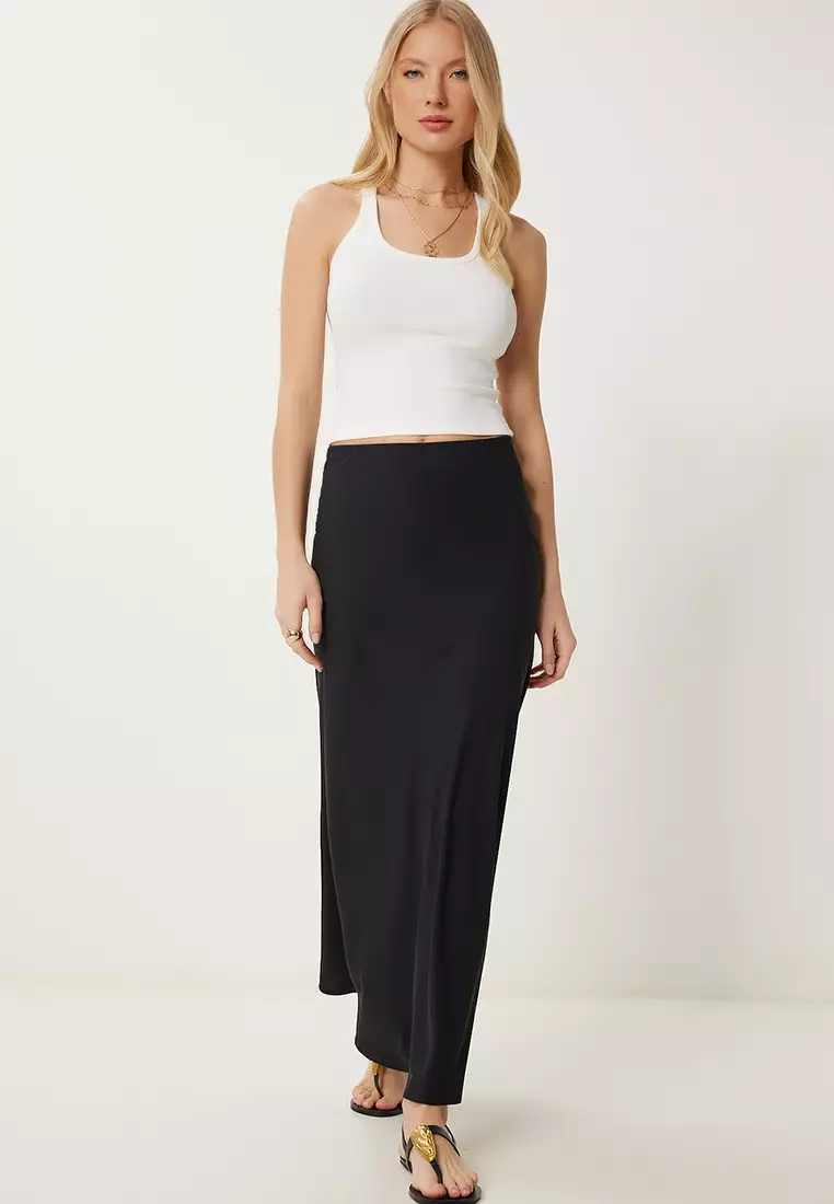 Women's Black A-Line Draped Long Woven Skirt Gk00019