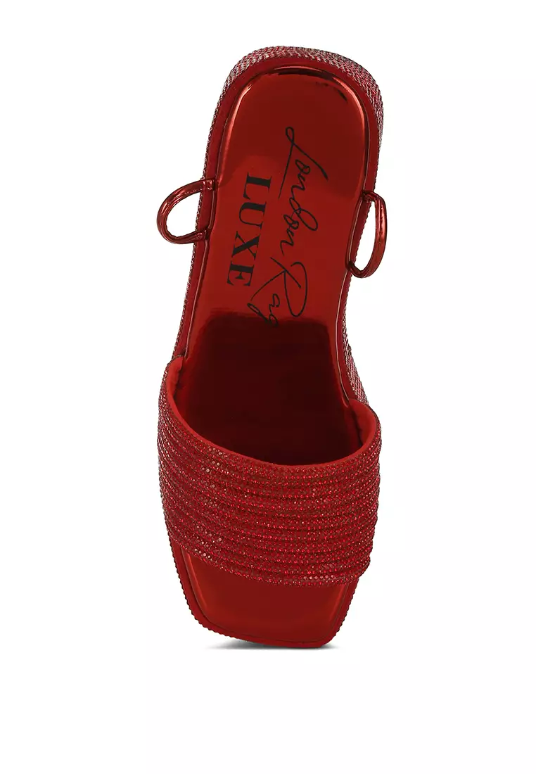 Red Rhinestone Embellished Lace-Up Sandals