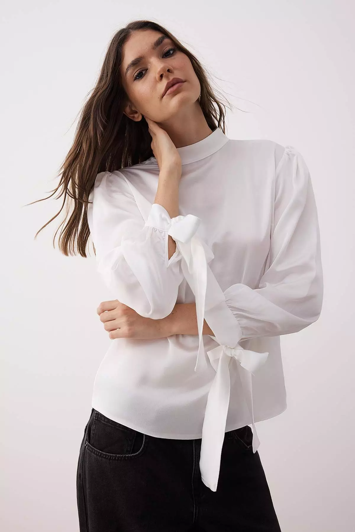 White Satin Woven Blouse With Tie Detail