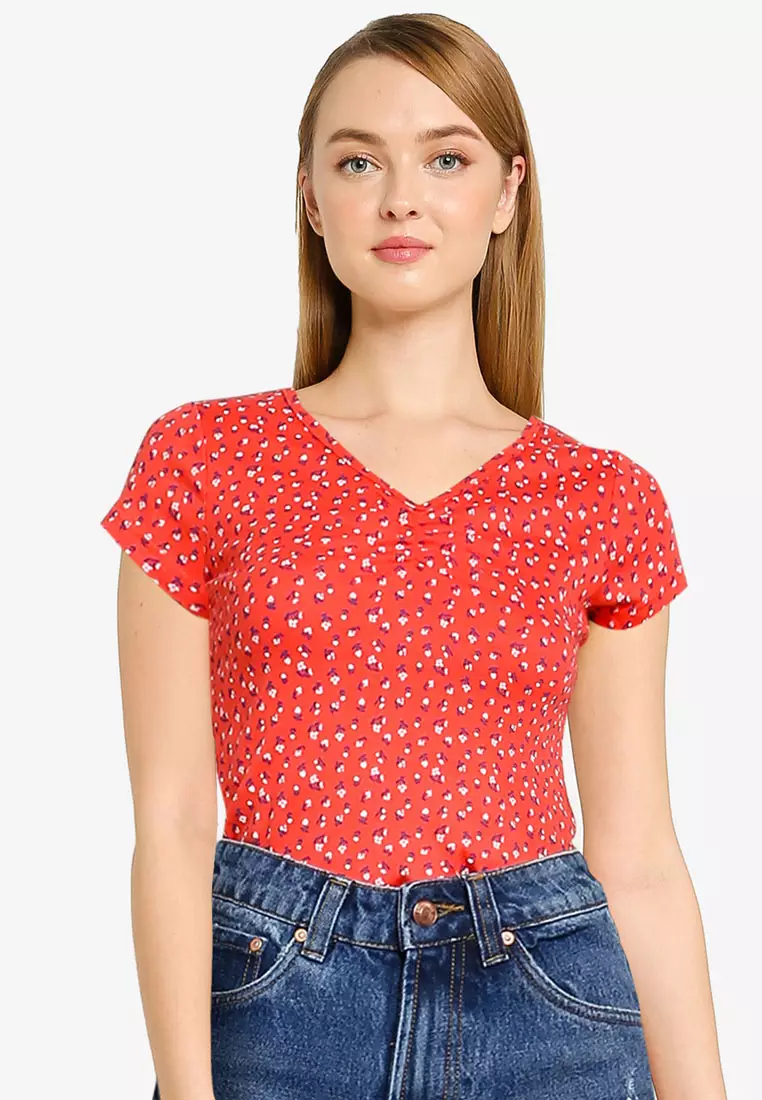 Red Polka Dot Ruched Front Short Sleeve Crop Blouse