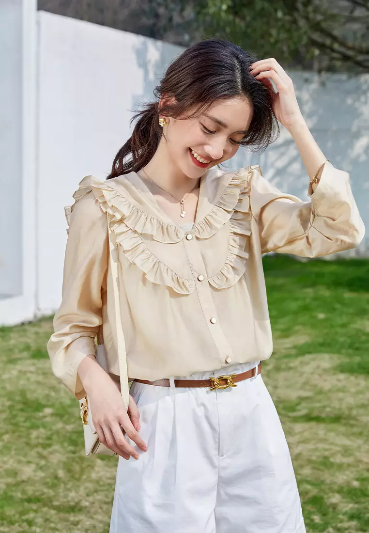 Summer Long Sleeve Ruffle Patchwork Blouse