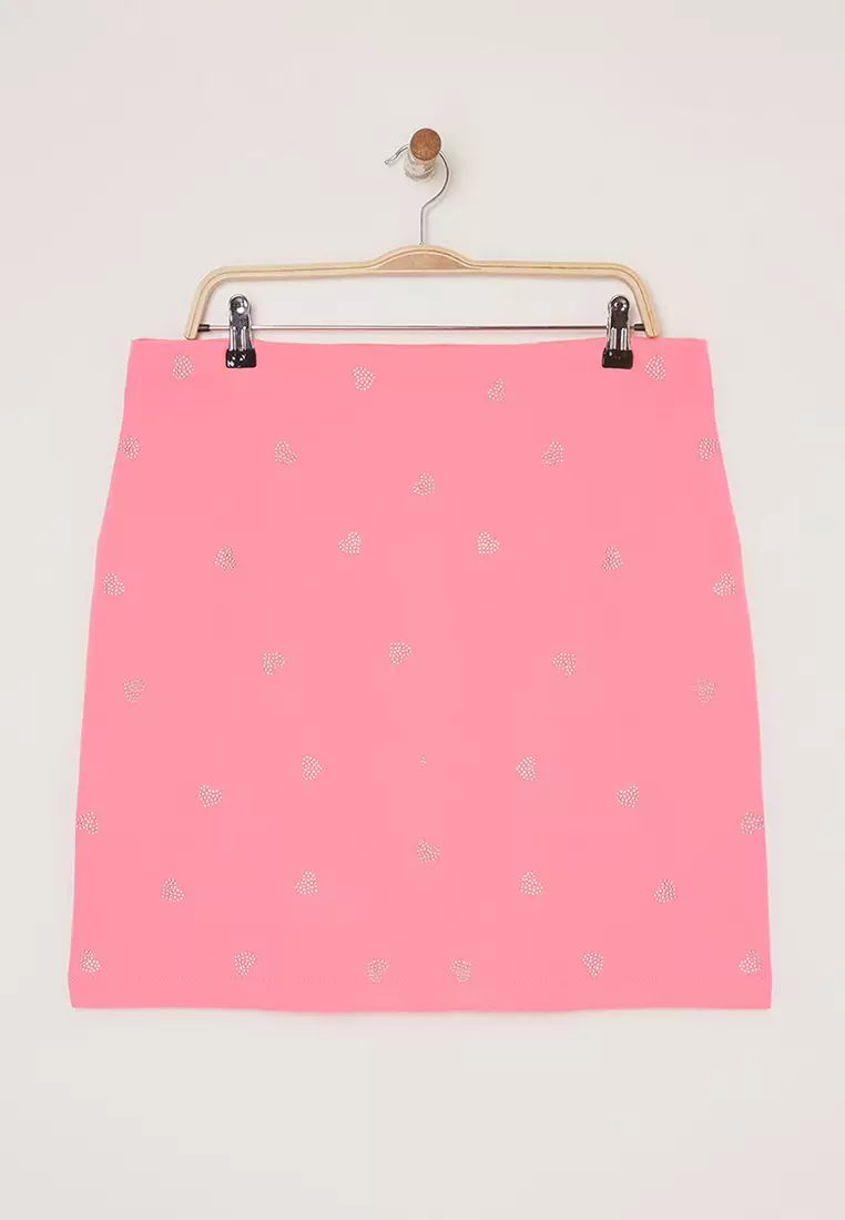 Pink Heart Patterned Stone Mini Woven Plus Size Skirt TBBSS25AZ00011
