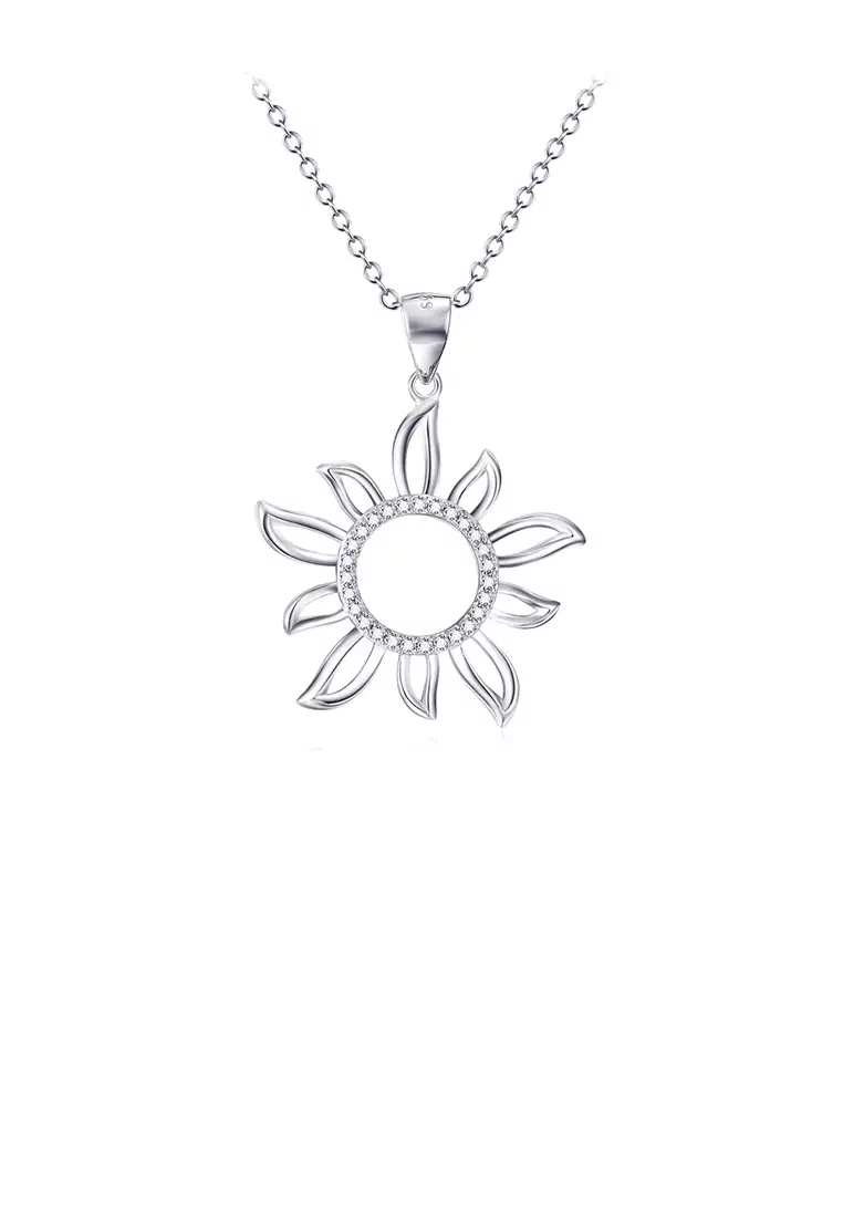 925 Sterling Silver Fashion Simple Sunflower Pendant with Cubic Zirconia and Necklace