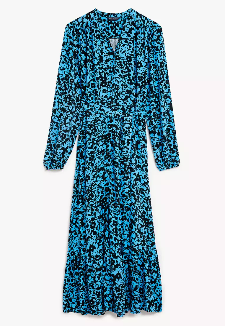 Printed V-Neck Tie Waist Midi Shirt Dress