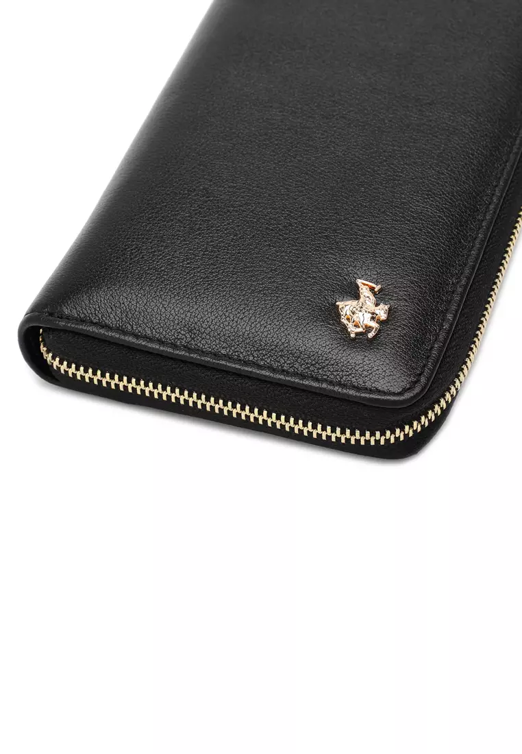 Genuine Leather Zipper Long Wallet - Black