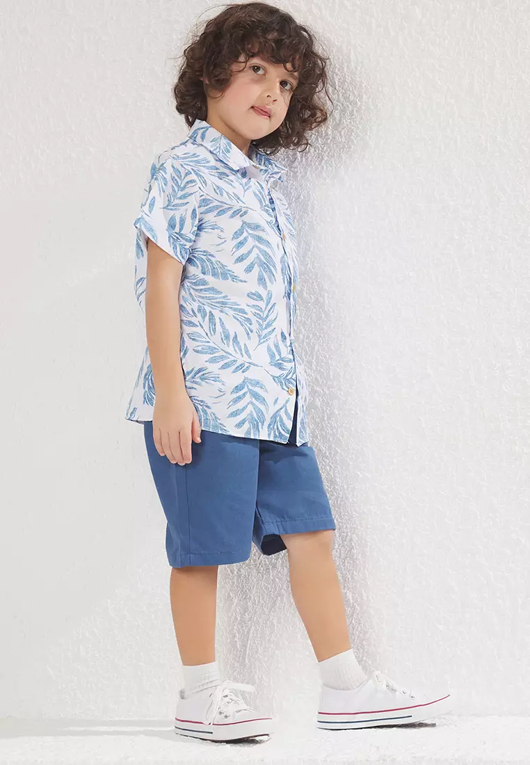 Boy's Blue Tropical Printed Cotton Shirt And Shorts Set - Tkdss25Au00035