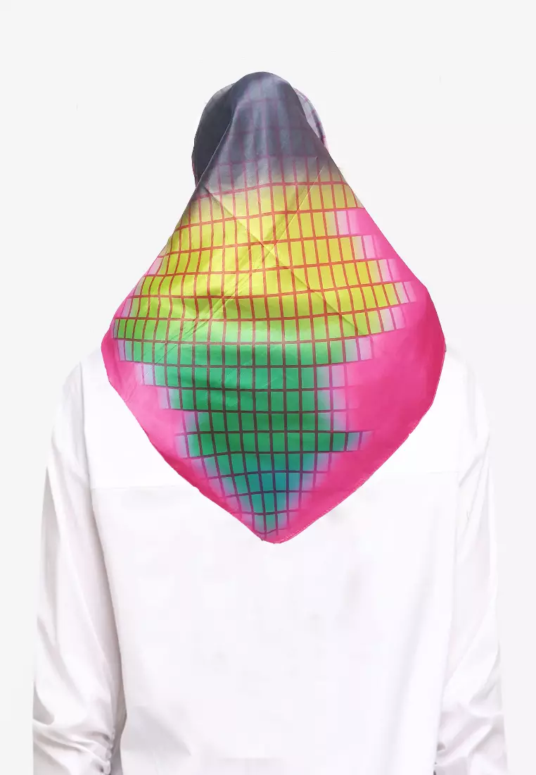 Reversible Silky Checkered Gradient Square Scarf Fuchsia Pink