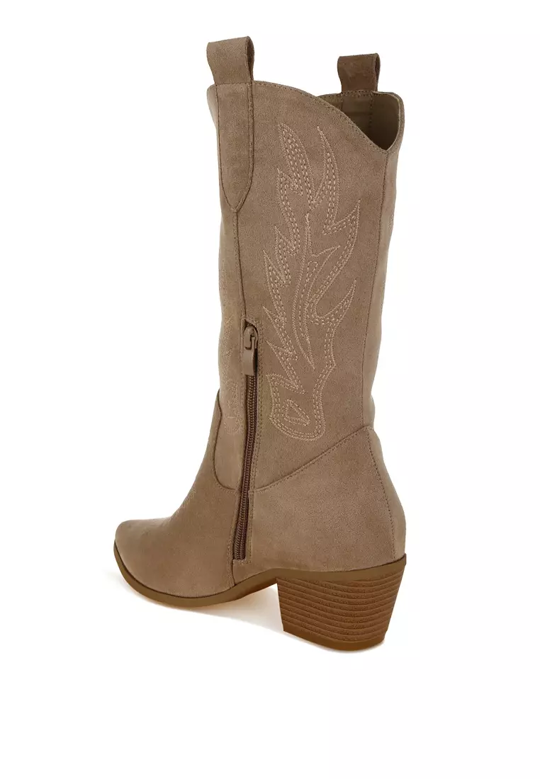 Embroidery Detail Cowboy Boots in Beige