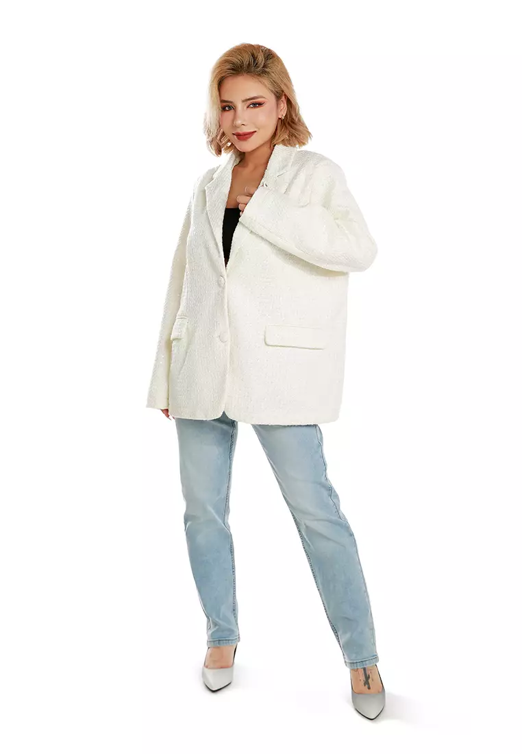 Sequin Embellished Oversized Blazer in White