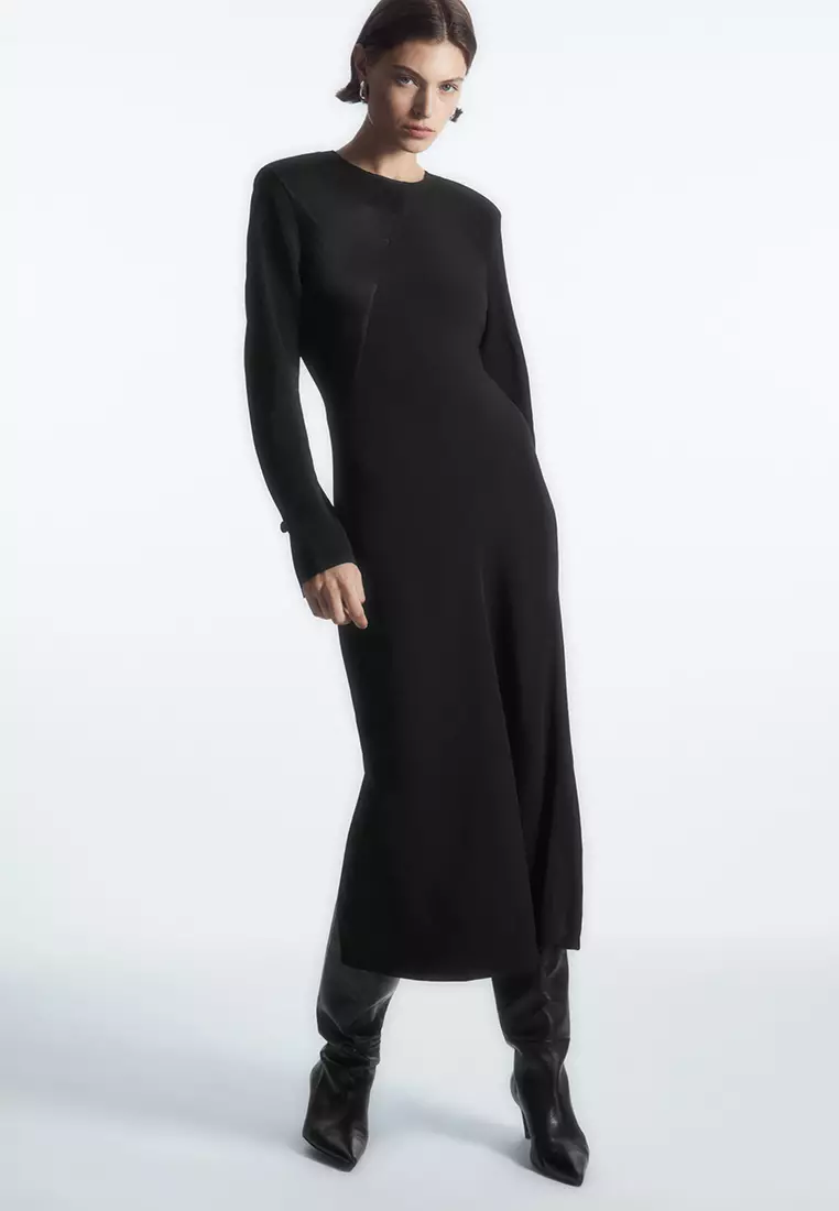 Power-Shoulder Satin-Panel Midi Dress