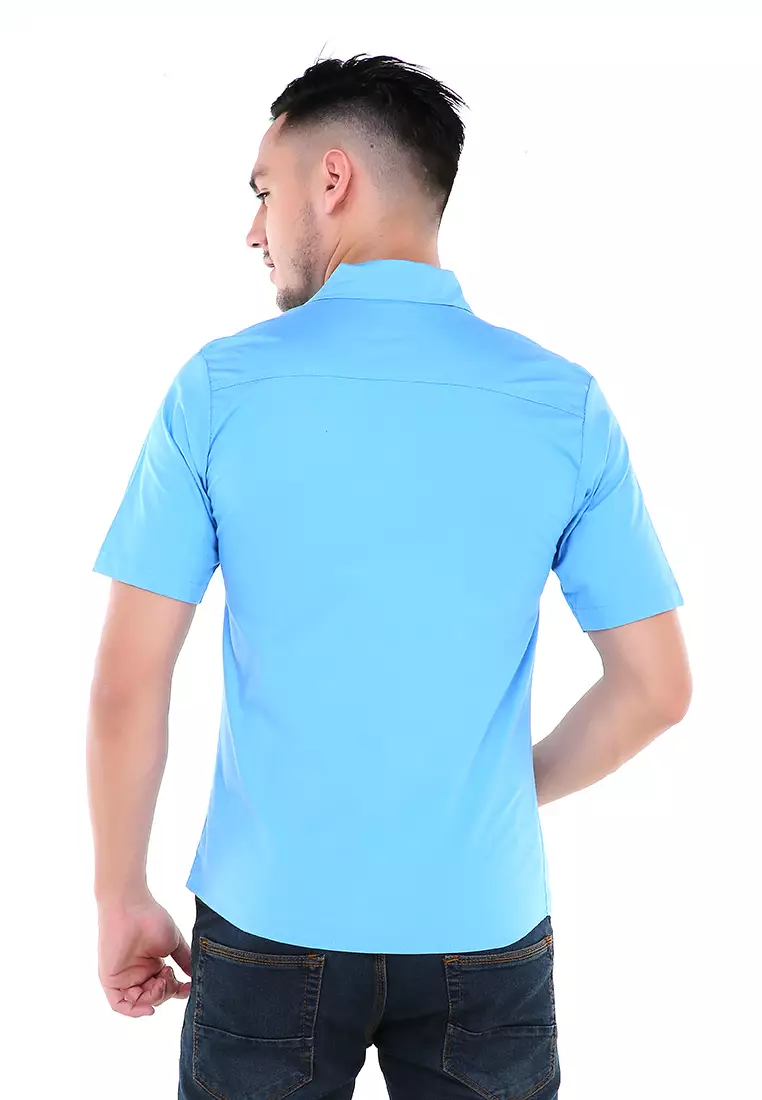 Dwan Atasan Kemeja Pria Three Lines Slim Fit Casual Shortsleeve Shirt Material Cotton ORIGINAL - Blue