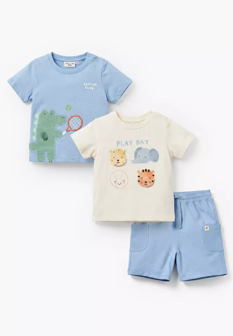 Babyshop Set Of 3 Juniors Crew Neck Short Sleeves T-Shirt And Shorts Set With Print