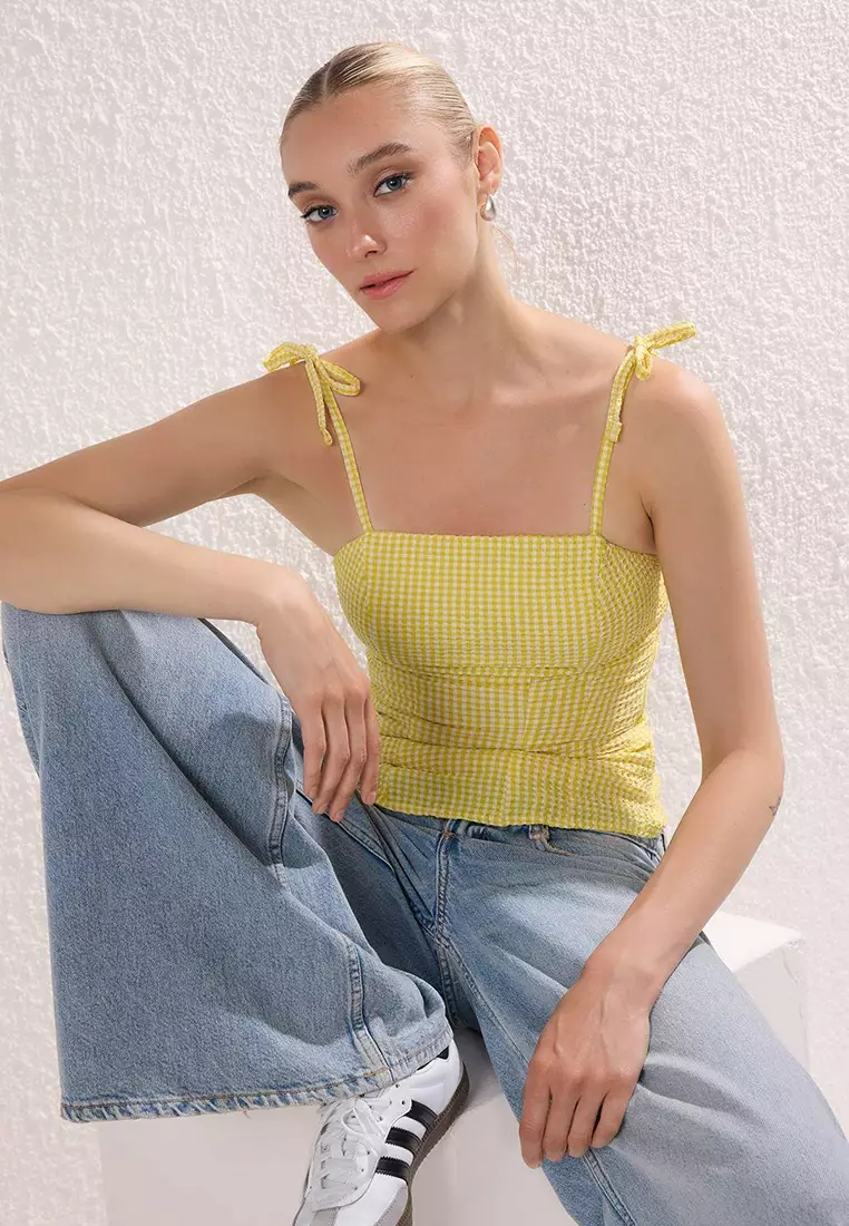 Yellow Textured Gingham Strappy Fitted Woven Blouse Twoss25Bz00574
