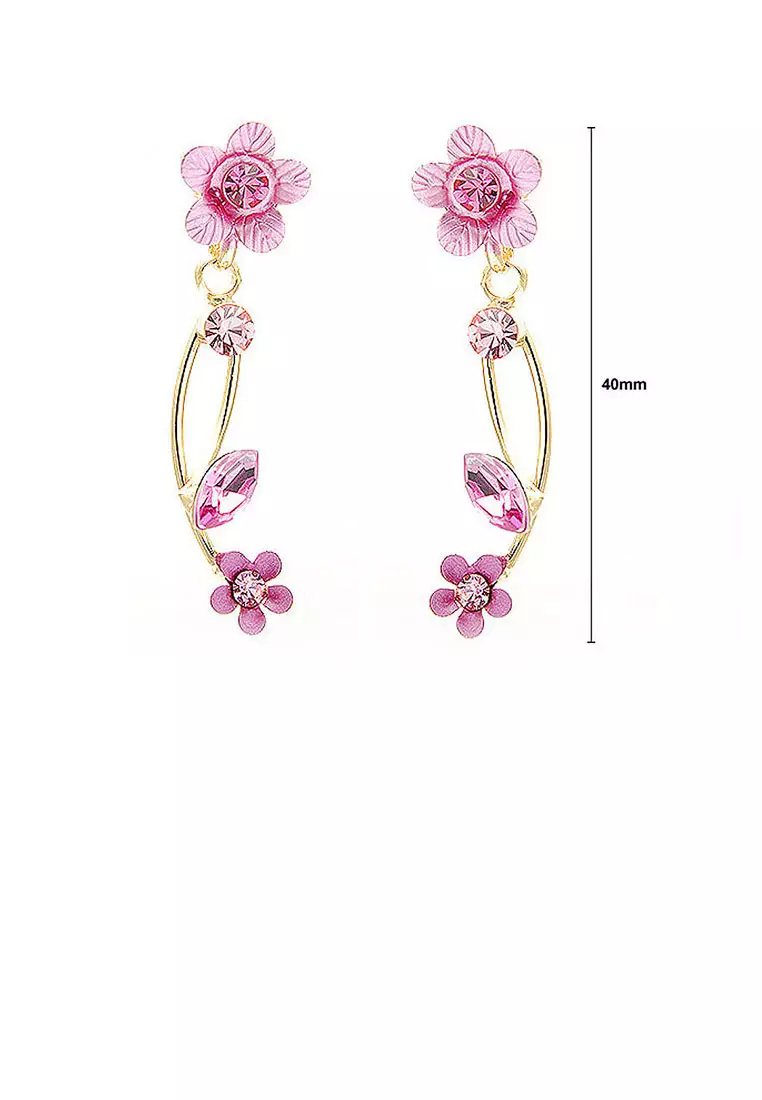 Pink Flower Shape Golden Earrings with Pink Austrian Element Crystals