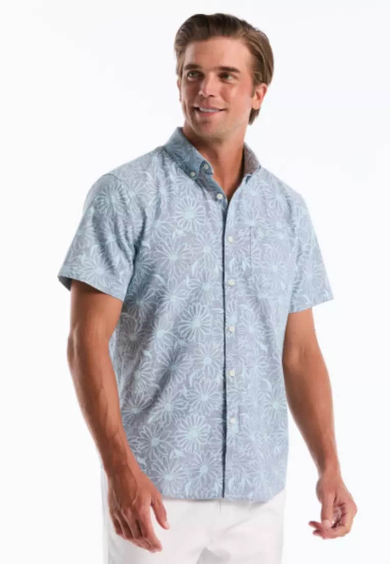Short Sleeve Linen Cotton Flower All-Over Print