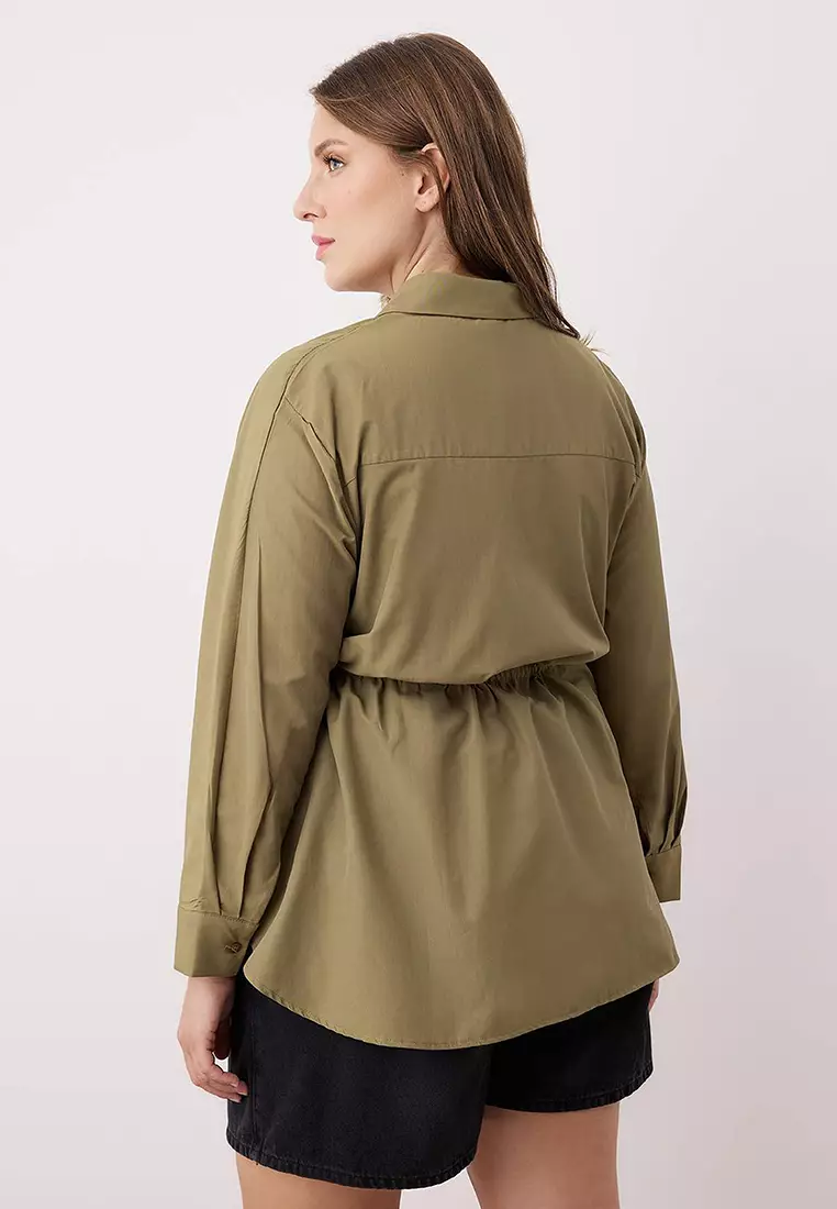 Khaki Pleated Woven Plus Size Shirt