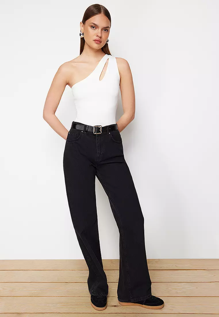 White Asymmetrical Collar Cut Out Detail Knitted Bodysuit