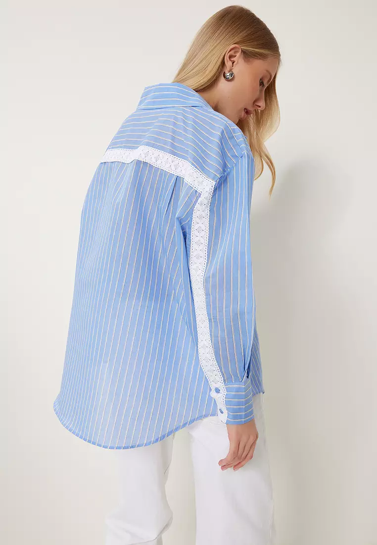 Women's Sky Blue Lace Detailed Striped Oversize Shirt Rv00210