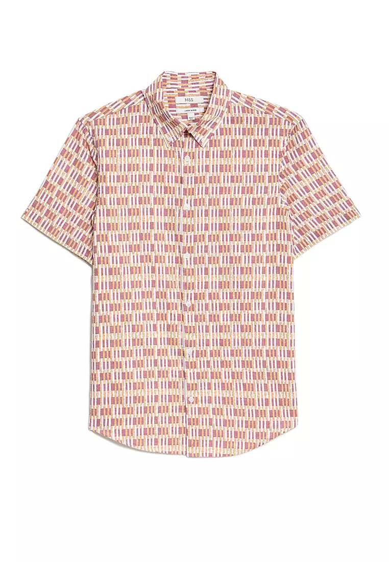 Easy Iron Cotton Linen Blend Print Shirt