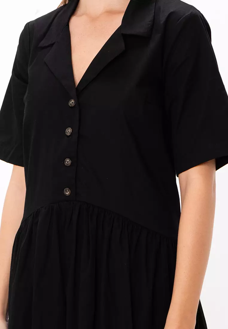 Twill Collared Button Midi Smock Dress