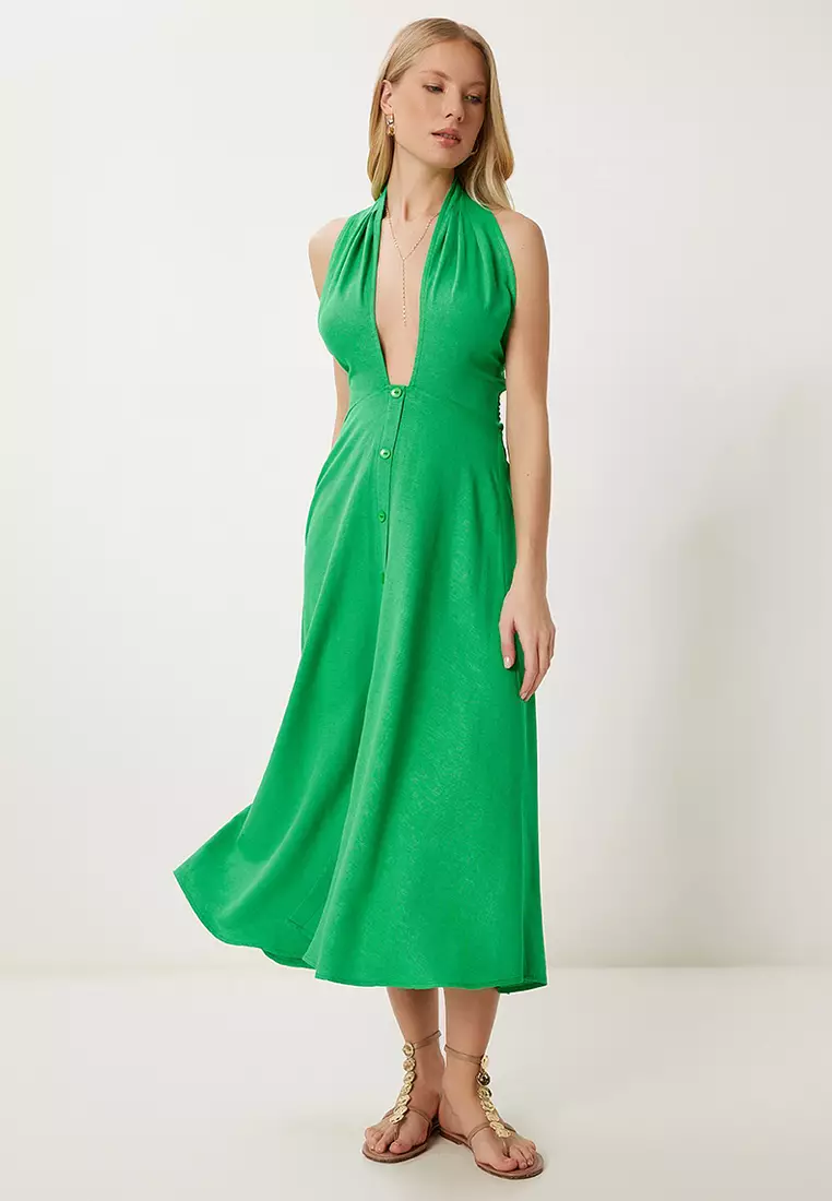 Women's Green Halter Neck Summer Linen Dress Fk00020