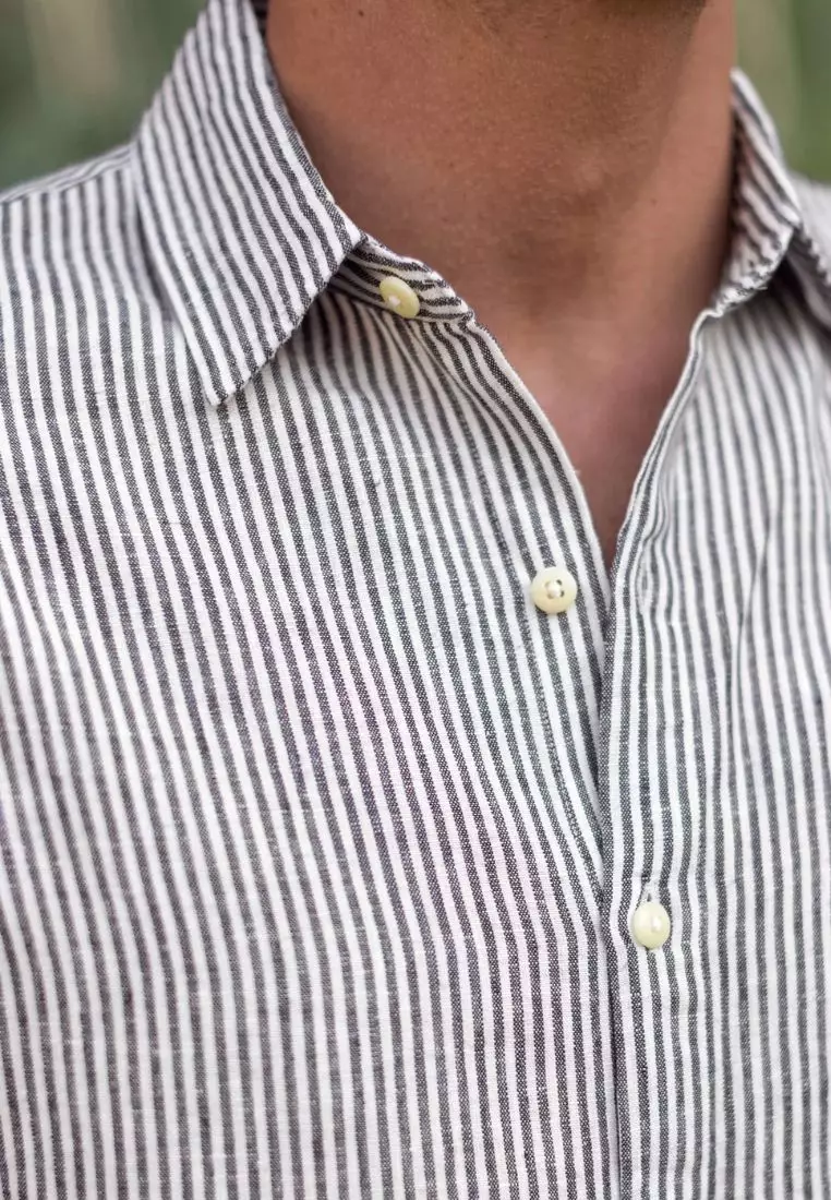 Cobalt Kemeja Linen Lengan Pendek Pria Abu Garis | Linen Short Sleeve Shirt Men Striped Grey