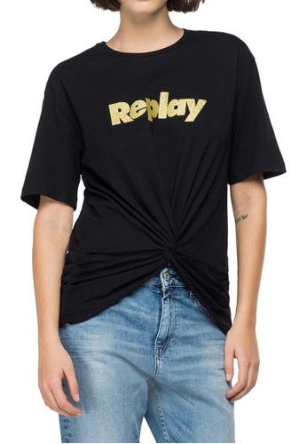 REPLAY black T-shirt with bow and glitter print CCACEAA095F194GS_1