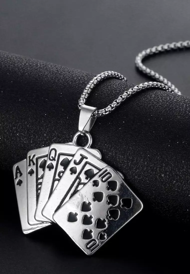 Aksesoris Pria Deck Of Cards Pendant Premium Stainless Steel Necklace Kalung Pria Silver