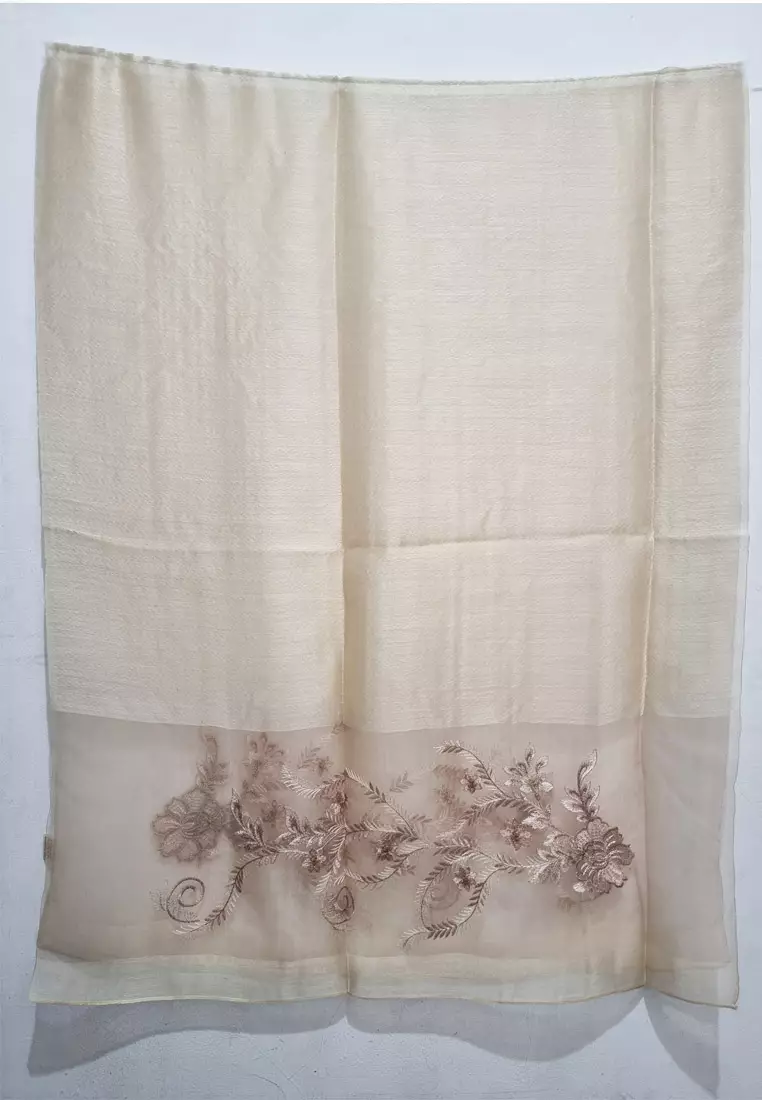 Golden Thread Embroidery Camelia Floral Silk Shawl Syal Sutra Wanita Gold