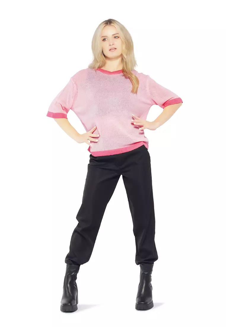 Pink Contrast Neck and Sleeve Rib T-Shirt