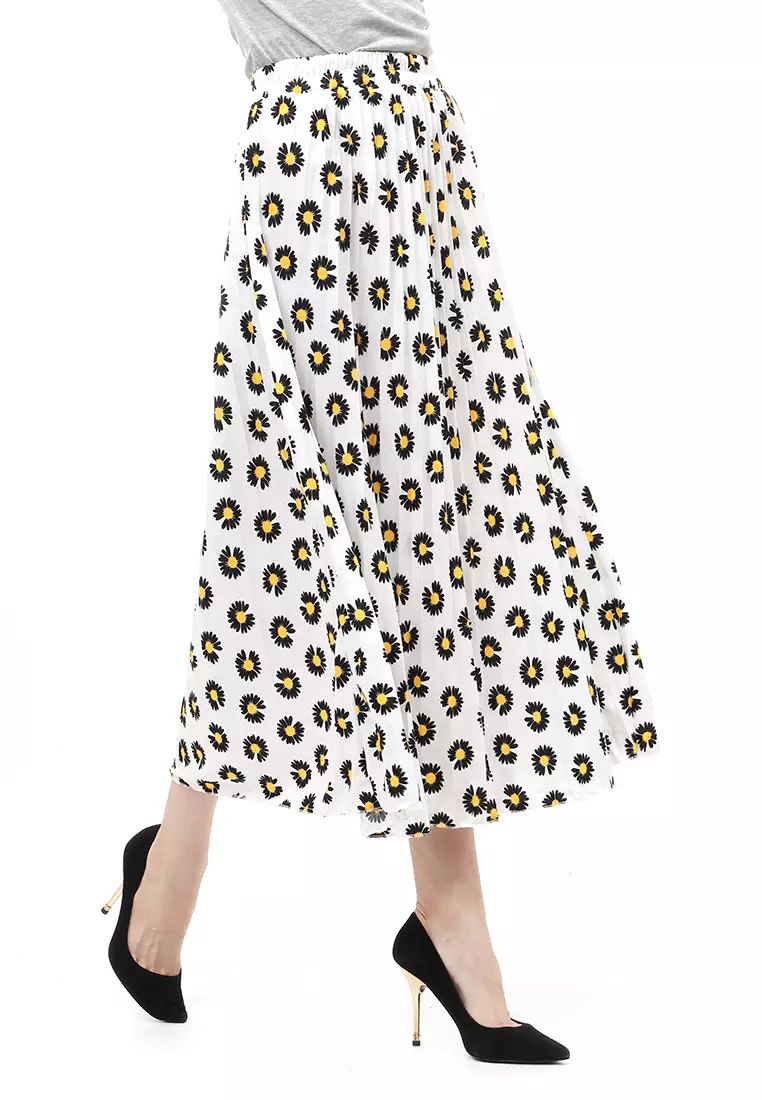 Rok Plisket Motif Print Design Vintage Rubbery Waist Bawahan Wanita - Daisy Putih
