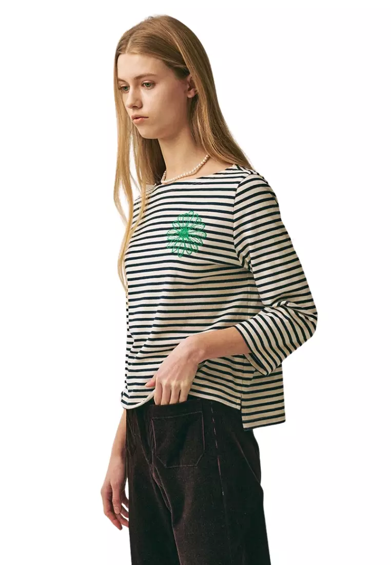 Slim Tshirt 3/4 Sleeve Stripe - Ivory Green